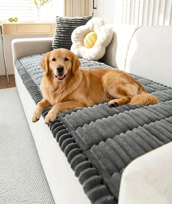 OTOB Couch Cover for Dogs Washable, Non Slip Plush Fuzzy Sofa Covers for 3 Cushion Couch Pet Friendly, Soft All Seasons Sofa Slipcover Cozy Furniture Protector (Dark Gray, 31.5" x 82.7")
