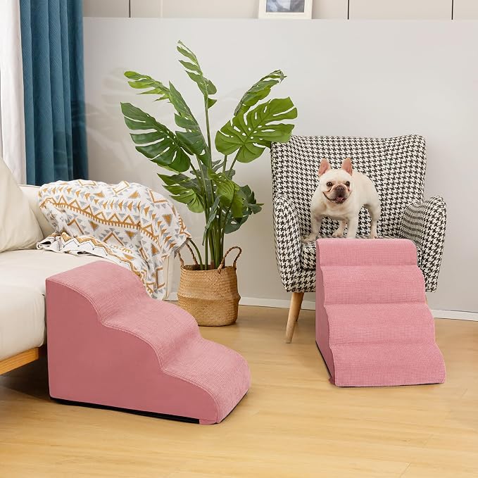 Dog Stairs for Small Dogs, 3-Step Pink Pet Ramp for Couch, Cats & Puppies | Aodisman Elegant Pink Pet Stairs Designed for Small Dogs and Cats, Providing Easy Access with Comfort and Style, 15.7" H
