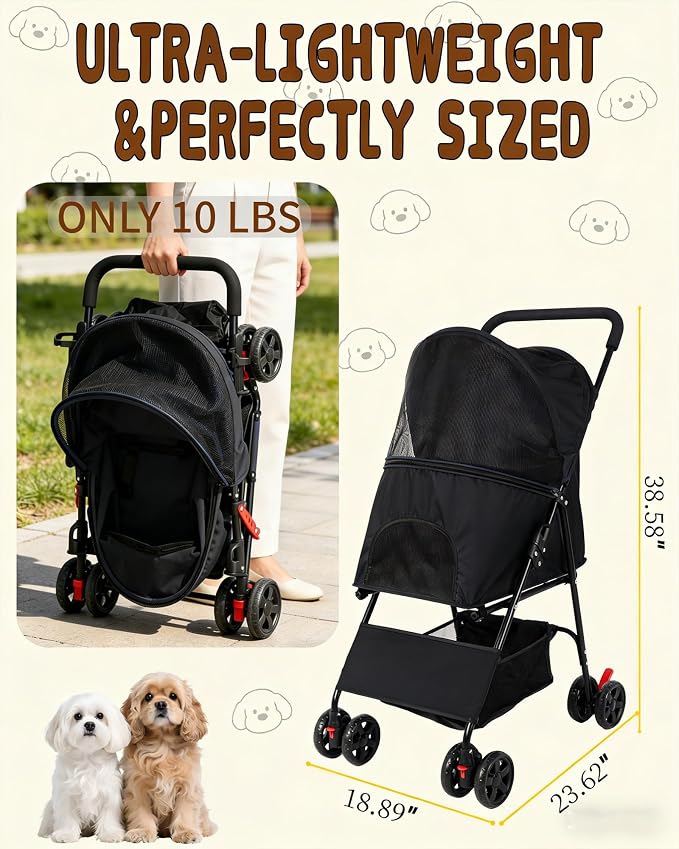 Pet Stroller for Small Medium Dogs Cats - Lightweight Foldable Dog Stroller | 33lbs, 4 Wheels All Terrain Cat Stroller, Breathable Mesh & Safety Tether, Storage Basket for Outdoor Walks-BLACK