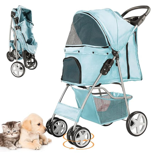 Pet Stroller for Small Dogs and CatsQuick-Folding Portable Travel Cat Dog Stroller with Storage Basket and Cup Holder, 4 Wheels, Light Blue