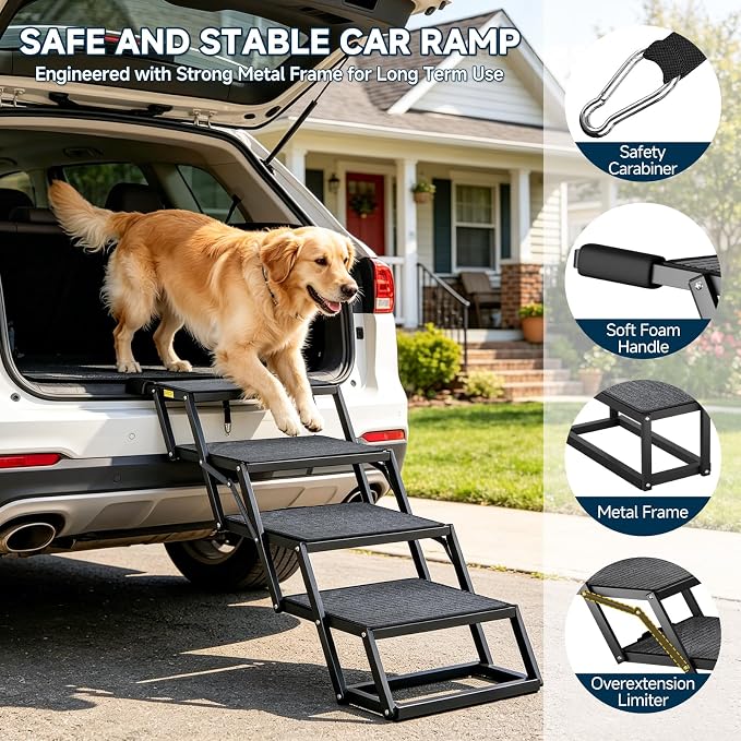 Dog Ramp for Car, Foldable Dog Steps for Car with Non-Slip Surface, Dogs Stairs for Cars, High Beds, Truck, Supports up to 250lbs, 4 Steps
