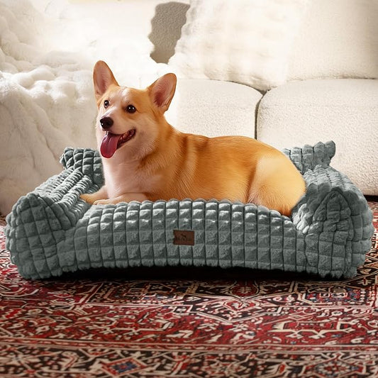 Cute Small & Medium Dog Couch Bed – Supportive & Fluffy Pet Sofa with Faux Rabbit Fur Washable Cover in 3D Diamond Pattern, 36" Grey