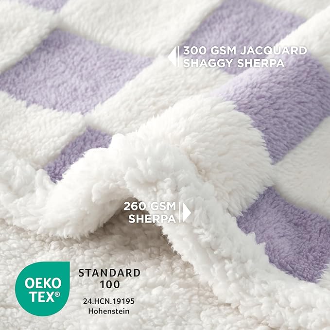 LE SURE Waterproof Dog Blankets for Large Dogs Cute Cozy 3D Jacquard,40x50 | Warm Soft Pet Blanket for Senior Dogs Aesthetic Gift, Washable Sherpa Throw, Reversible Couch Protector, Lavender Checks