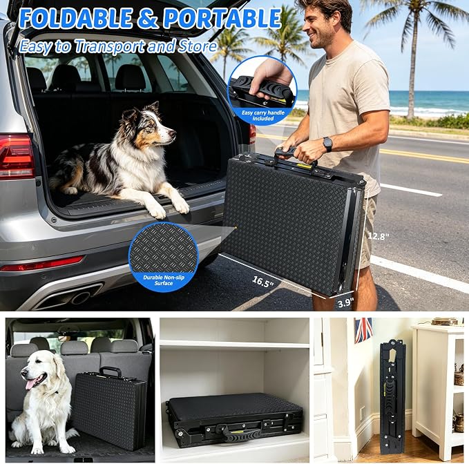 Dog Ramp for Car SUV, Adjustable Pet Ramp with Multiple Height Settings, Folding Portable Dog Ramp for Small Large Dogs, 90 lbs Capacity, Stairs for Bed Sofa and Vehicle