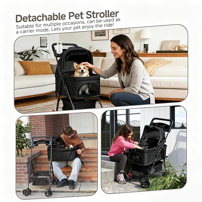 Pet Stroller for Small Dogs and Cats with 4 Wheels, 3 in 1 Foldable Dog Stroller with Detachable Carrier, Breathable Mesh, Storage Basket & Cup Holder, Up to 33 lbs