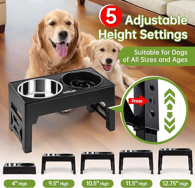 EliteField Elevated Dog Bowls, 2 Stainless Steel Bowls (2-Year Warranty) | 58 oz Bowls, 5 Adjustable Heights, Small to Large Dogs, Foldable, Dishwasher Safe, Anti-Slip Feet