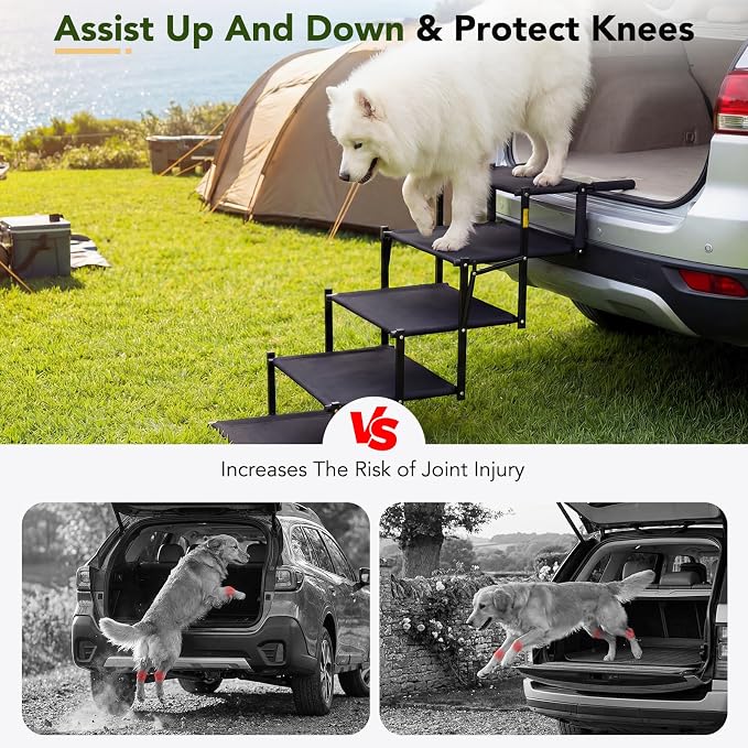 Extra Wide Dog Ramp for Car,Foldable Dog Steps for Truck SUV,150 Lbs | Non-Slip Oxford Surface,Sturdy Steel Frame,Anti-Scratch Handle,Adjustable Height,Light 10s Setup,Suitable for trunk