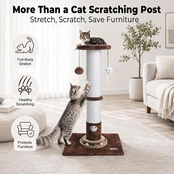 35-Inch Tall Cat Scratching Post, Stable Base for Large Cats, Brown | Heavy-Duty, Soft Natural Cotton Rope Cat Scratcher, Interactive Cat Toys, Wooden Ball Track, for Kittens and Indoor Cats
