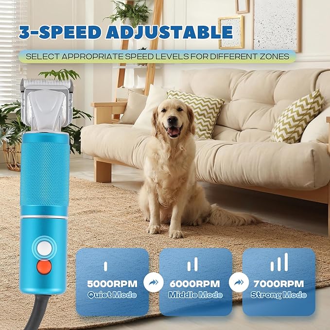 Pet Grooming Clippers, 300W Dog Hair Clippers, 3-Speed Control 5000-7000rpm& 10ft Power Cord, Low Noise< 50db, Dog Trimmer Kit with Extra Detachable Blade, Heavy-Duty for Home& Commercial Use (Blue)