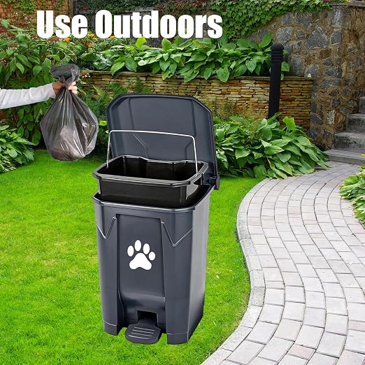 Dog Poop Trash Can for Outdoors, Dog Waste Trash Can for Yard Garden Home with Lid Removable Inner Bin, 100PCS Green Waste Bag, Grey Fully Assembled
