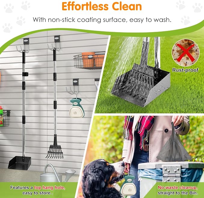 lychee Heavy Duty Stainless Metal Dog Pooper Scooper Tray and Rake Set for Yard- Portable Pooper Scooper for Small to Medium Dogs, Adjustable Long Handle,Rust-Proof, with Bag Attachment, Leash Clip