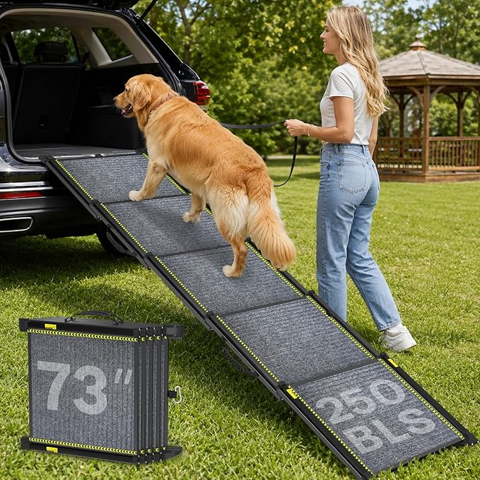 Dog Ramp for Car 73" Extra Long, Telescoping & Aluminum Dog Steps | 73" L x 17" W, Portable, Folding, for Large/Medium/Small Dogs, Aluminum Frame & Lightweight, Non-Slip Surface, Up to 250LBS