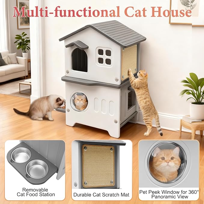 Insulated Cat House Outdoor Plastic Cats Shelter Outside with Cat Bowls | Weatherproof, Durable Plastic, with Elevated Cat Bowls, Cat Scratch Pad , Escape Door, 2-Story, Waterproof ,for Multiple Cats