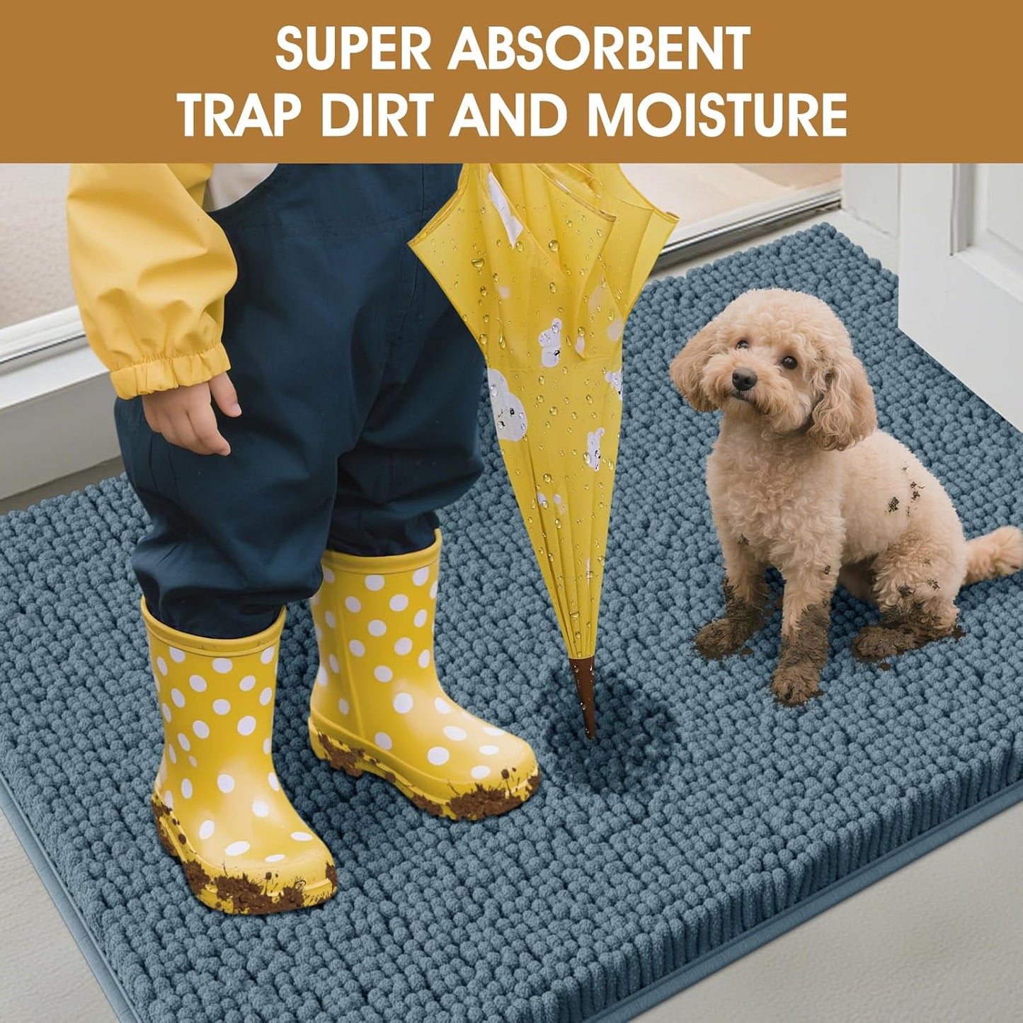 Extra Large Dog Door Mats for Muddy Paws, Chenille Absorbent Dog Mats, Non Slip Heavy Mud Mat for Dogs, Soft Pet Mat for Entryway, Mud Paws, Inside Floor,60" x 36", Dusty Blue