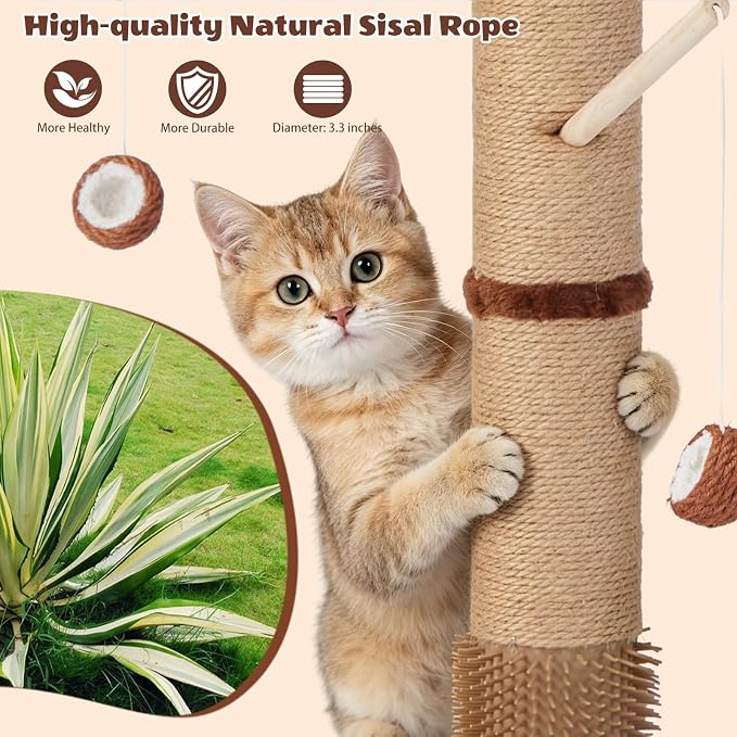 46" Extra Tall Cat Scratching Post with Toy for Large and Adult Indoor Cats | Sisal Cat Scratcher Tree with 3D Leaves, Hanging Plush Ball, Stable Wooden Base with Ball Track Toys
