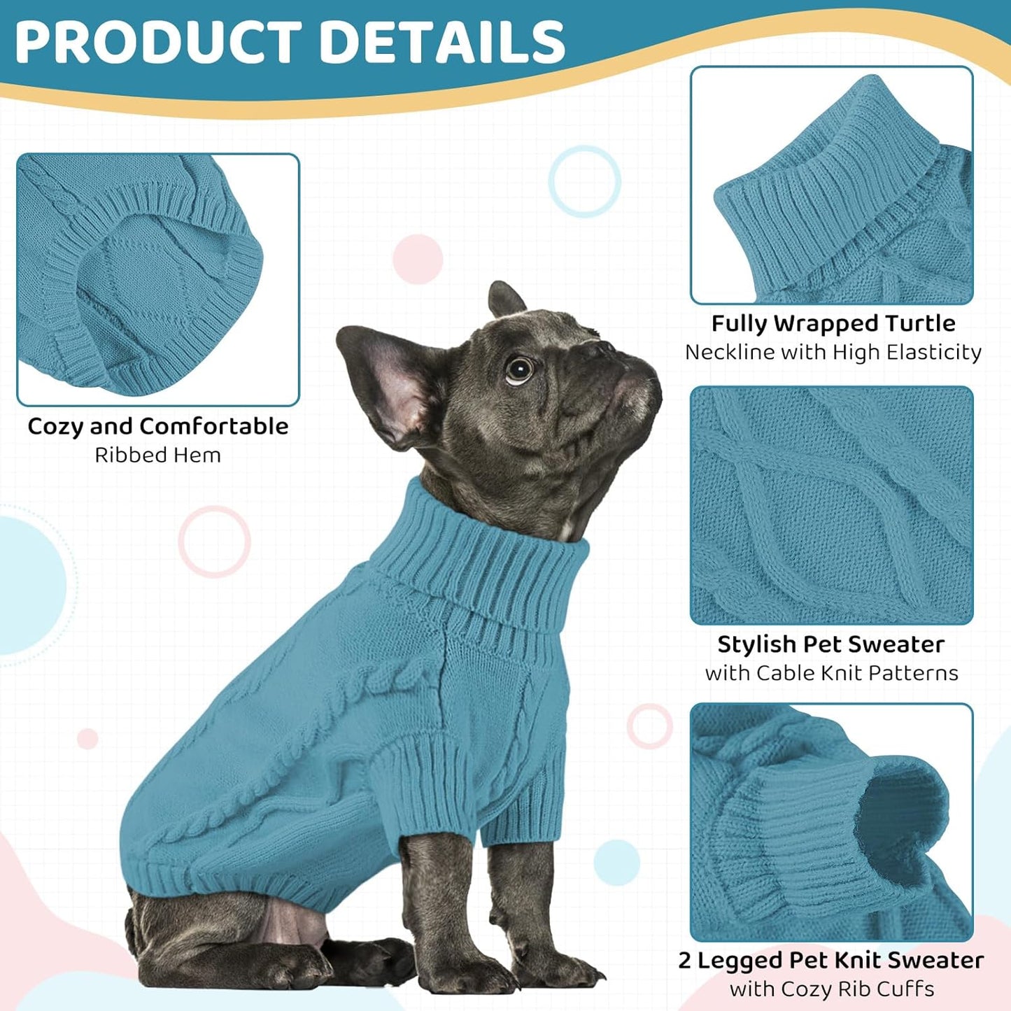 Queenmore Small Dog Pullover Sweater, Cold Weather Cable Knitwear, Classic Turtleneck Thick Warm Clothes for Chihuahua, Bulldog, Dachshund, Pug (Peacock Blue, Small)