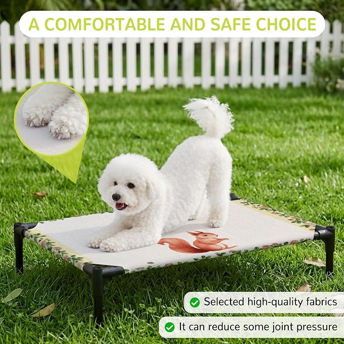 Outdoor Elevated Dog Bed for Large Dogs, Country Squirrels Breathable Cooling Raised Dog Cot for Indoor/Outdoor, Farmhouse Rustic Flower Leaf Plant Beige Waterproof Elevated Pet Beds, L 28 x 22 in