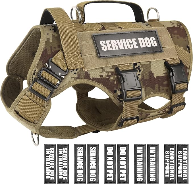 Service Dog Vest Harness for Large Dog, Tactical Working MOLLE Vest with 10 Pet Patches, No Pull Heavy Duty Harness for Training Walking
