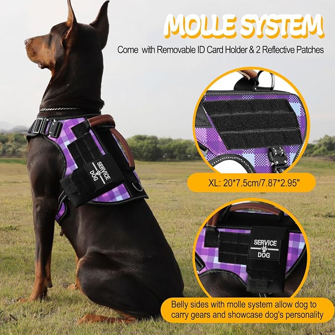 Tactical Dog Harness - HEYCAHVA Service Dog Vest Full Metal Buckles for Medium Large Dog Reflective No Pull Harnesses Vest with Leather Handle, Hook & Loop for Training (Purple, XL)