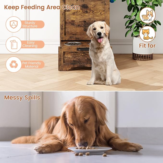 Garvee Dog Feeding Station with 2 Elevated Bowls, Brown | Wooden Dog Food Storage Cabinet, Flip Top Pet Feeding Station, Food Storage Container, Pet Toy Organizer
