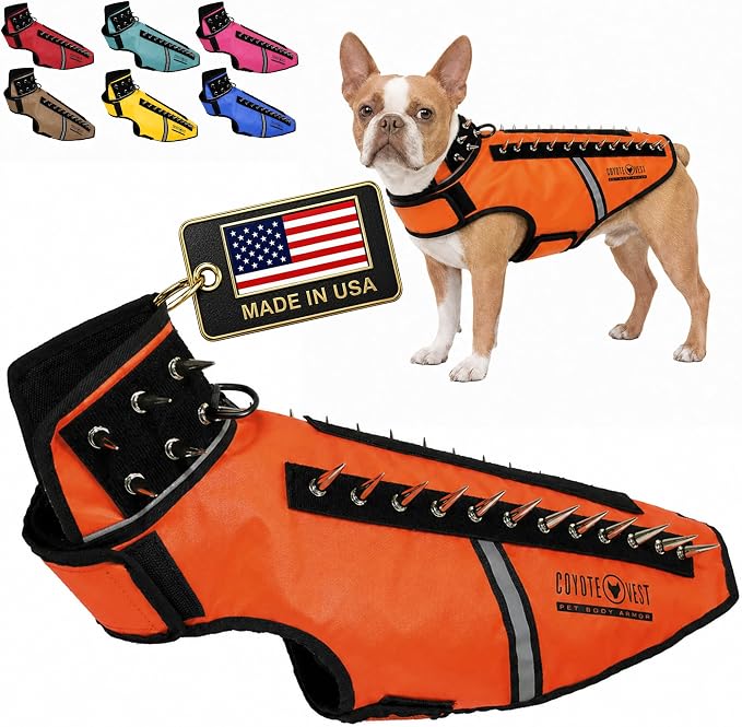 CoyoteVest SpikeVest Dog Harness, Made in the USA, M-Fluorescent Orange | Stab-Resistant Protective Vest | Coyote Vest for Dogs | Defends Against Coyotes, Dogs, Birds of Prey | Reflective Safety