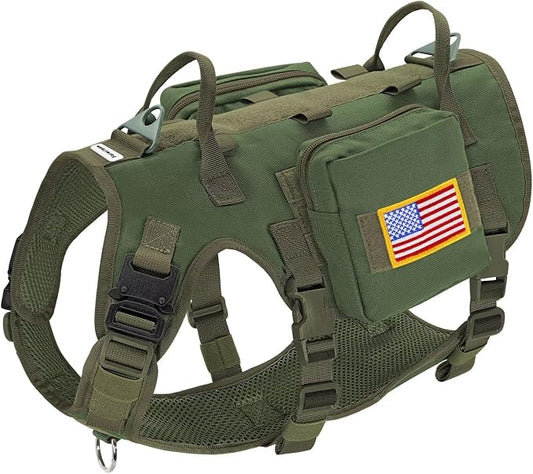 Forestpaw Tactical Dog Harness Pouches and Patches Set,M,Green | Adjustable Fits 22-35" Chest,30-80 lbs,No Pull Military Style Service Dog Vest for Daily Walking Training,Medium Dogs