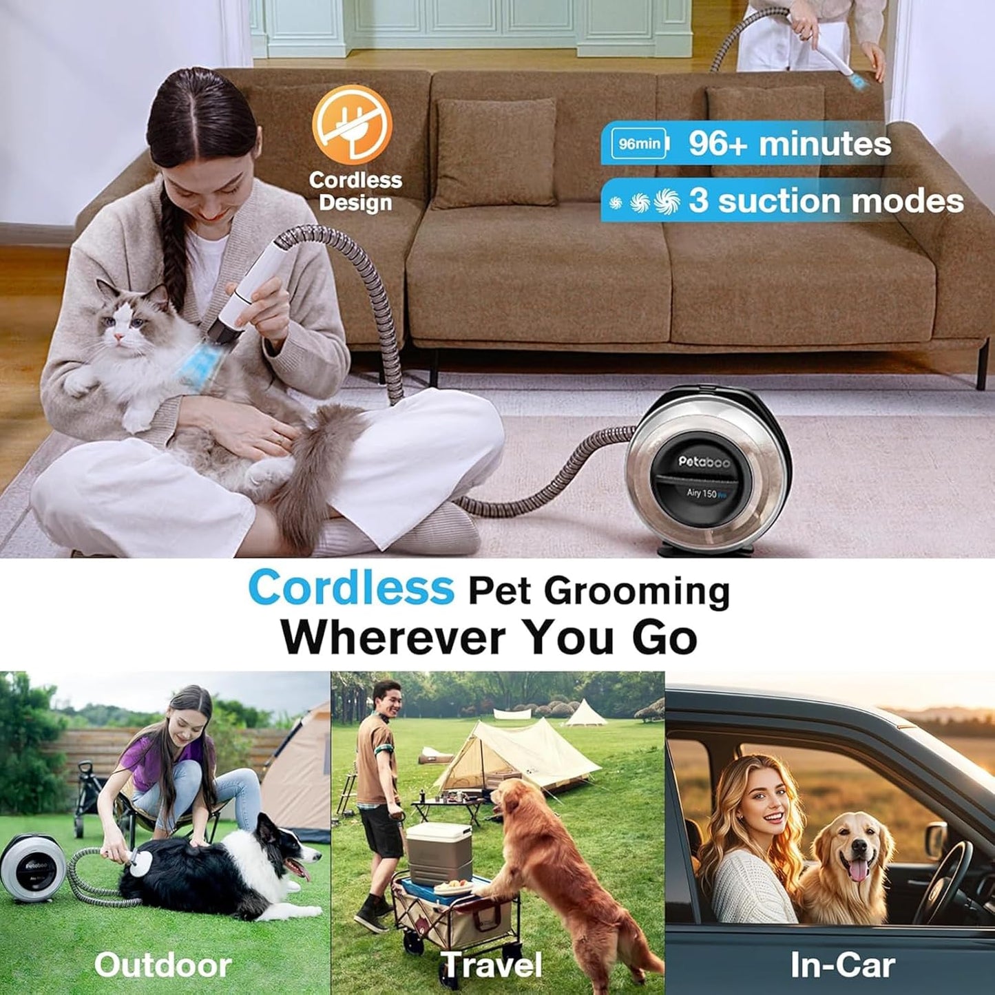 petaboo Cordless Dog Grooming Vacuum, Pet Grooming Kit with Clippers Nail Grinder 5 Pet Grooming Tools,2.2L Dust Cup,Low Noise,Dog Vacuum for Shedding Grooming for Home Outdoor Car