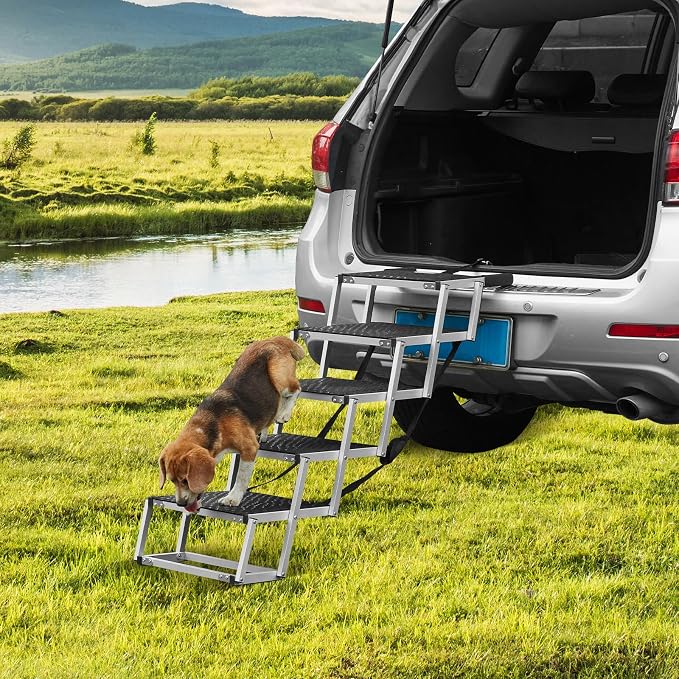 VEVOR Dog Stairs for Car Wide 5-Steps,Folding Dog Car Ramp with Nonslip Surface, Portable Pet Steps Lightweight Aluminum for Car, SUV and Truck, Supports up to 150 lbs