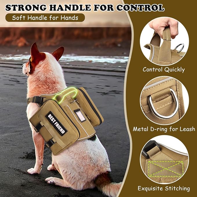 Dog Backpack Harness and Leash Set for Large Dogs Brown L | Removable Side Pockets Dog Vest with Padded Handle&MOLLE,No Pull Front&Back Metal Clips for Hiking Training Walking Hunting
