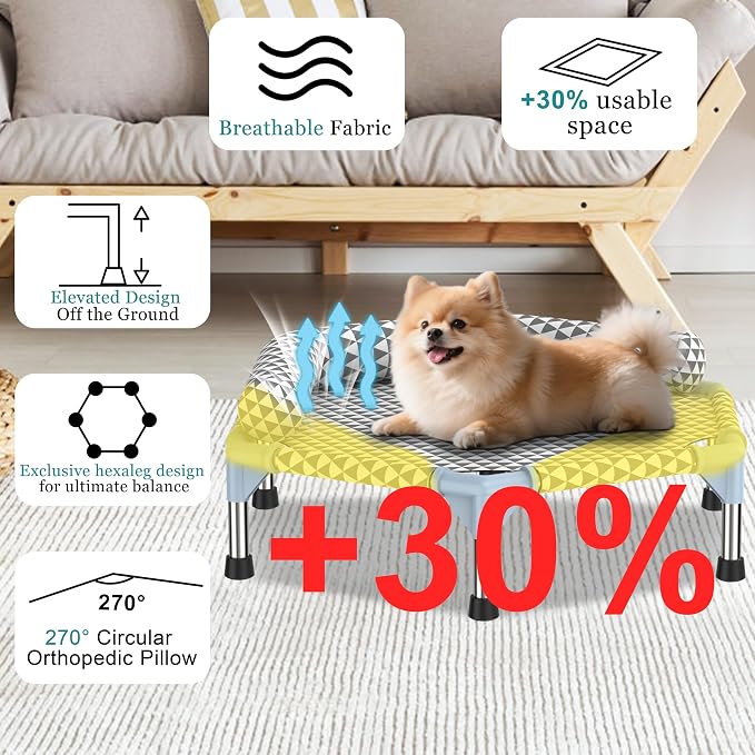 Kuntrust Orthopedic Dog Bed for Small Dogs，U-Shaped Bolster ，Up to 75 lbs | 6-Sided Design，Elevated Dog bed，Breathable Fabric, Dual-Layer Cotton, Stainless Steel Frame, Anti-Slip Feet