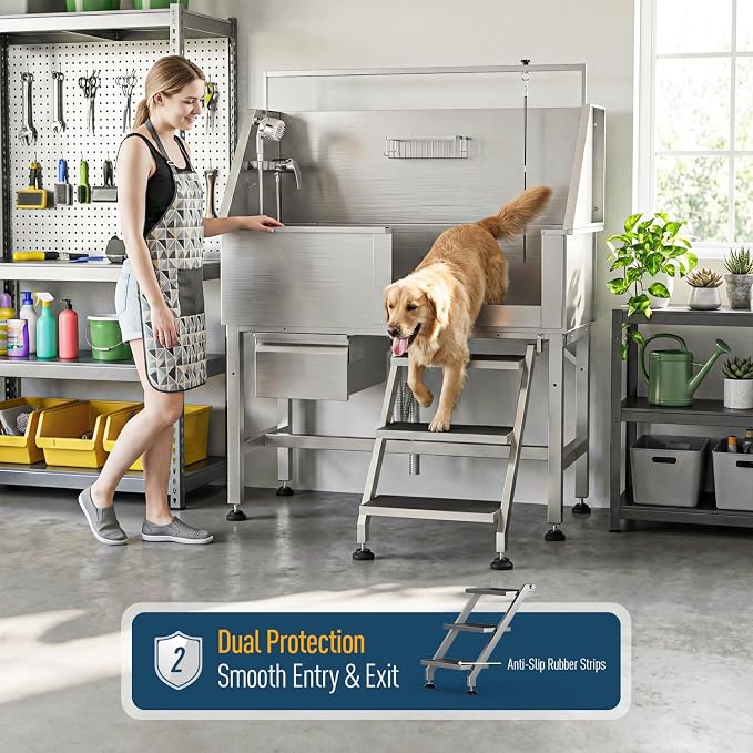 46" Dog Washing Station, Leak-Proof 304 Stainless Steel Dog Bathtub with Non-Slip Removable Left Ramp & Storage Drawer, Elevated Pet Wash Station for Large Dogs, Garage & Outdoor Use (Right Stair)