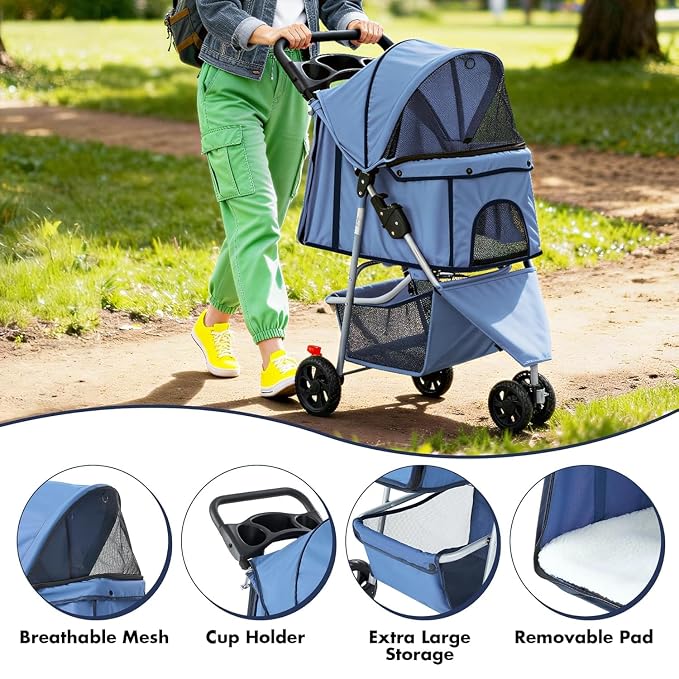 3 Wheels Pet Stroller,Storage Basket and Cup Holder, Breathable Mesh, Waterproof and Foldable for Small/Medium Dogs and Cats Strollers, Lightweight Travel Carrier for Daily Walks & Outdoor，Blue