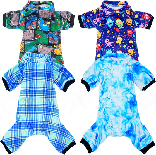 PET SHOW 4 Pack Small Dog Pajamas Cute Dinosaur Monster Clothes for Medium Dogs Soft Stretchy PJs Plaid Jumpsuit Puppy Cats Tie Dye Onesies Outfits with Sleeve Pets Dachshund Costume(L, Blue for Boys)