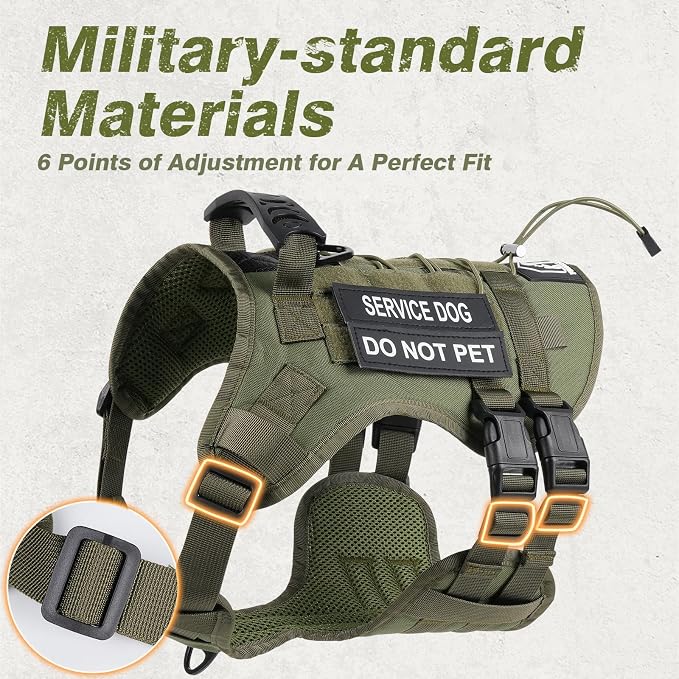 No Pull Tactical Dog Harness for Large Dogs, Service Dog Vest, L, Green | Tactical Dog Vest Harness and Leash Set, Adjustable Military Service Dog Harness with Handle for Medium Large Dogs