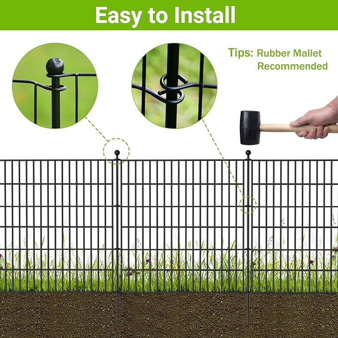 5 Panels No Dig Decorative Outdoor Garden Fence with Gate for Yard, 40 in(H) X 11.8 ft(L) Animal Barrier Fencing Rustproof Metal Wire Panel Border for Dog, Rabbits, and Patio Temporary Ground Stakes