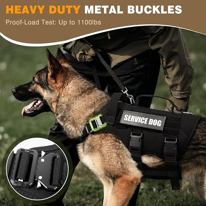 Tactical Dog Harness with Dog Leash, Service Working MOLLE Vest with 10 Pet Patches for Medium Dog, No Pull Military Harness and Backpack for Training Hunting Walking