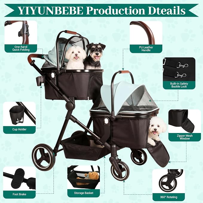 Foldable Double Pet Stroller for 2 Small Medium Cats Dogs | Convertible single/double | Detachable carriers | All-terrain wheels & shock | Safety brakes & tether | Breathable oxford