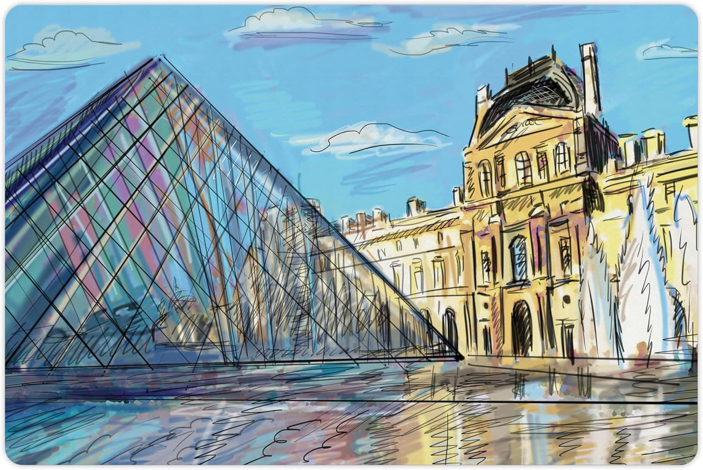 Lunarable Sketchy Pet Mat for Food and Water, Museum Themed Paris Watercolor Modern French Place Pop Art Style Day Time Image, Non-Slip Rubber Mat for Dogs and Cats, 18" X 12", Cream and Blue