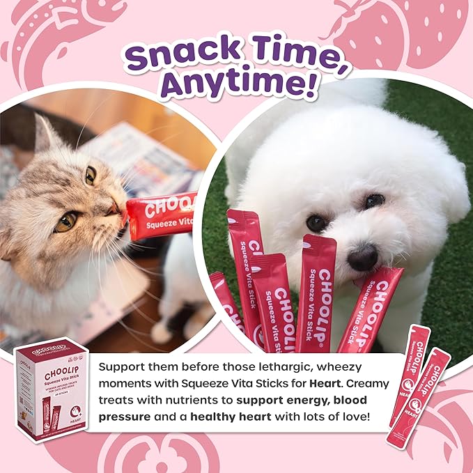 Choolip Squeeze Vita Stick Lickable Cat & Dog Treats – 14 Sticks (2×7 Value Bundle) Heart Support, Creamy Grain-Free Puree with Omega 3, Taurine, L-Carnitine & CoQ10 for Cardiovascular Health & Energy