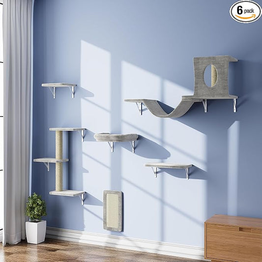 NUNU LAB Wall Mounted Cat Furniture Set - 6 Pcs Climber Set with House, Bridge, Steps, Scratcher Board - DIY Walls Playground, Indoor Cat Shelves - Gray