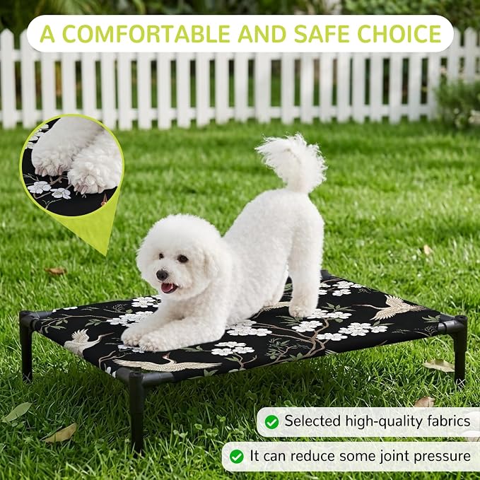 Outdoor Elevated Dog Bed for Medium Dogs, Spring Floral Breathable Cooling Raised Dog Cot for Indoor/Outdoor, Branches Birds Flowers Modern Art Waterproof Elevated Pet Beds, M 24 x 20 in