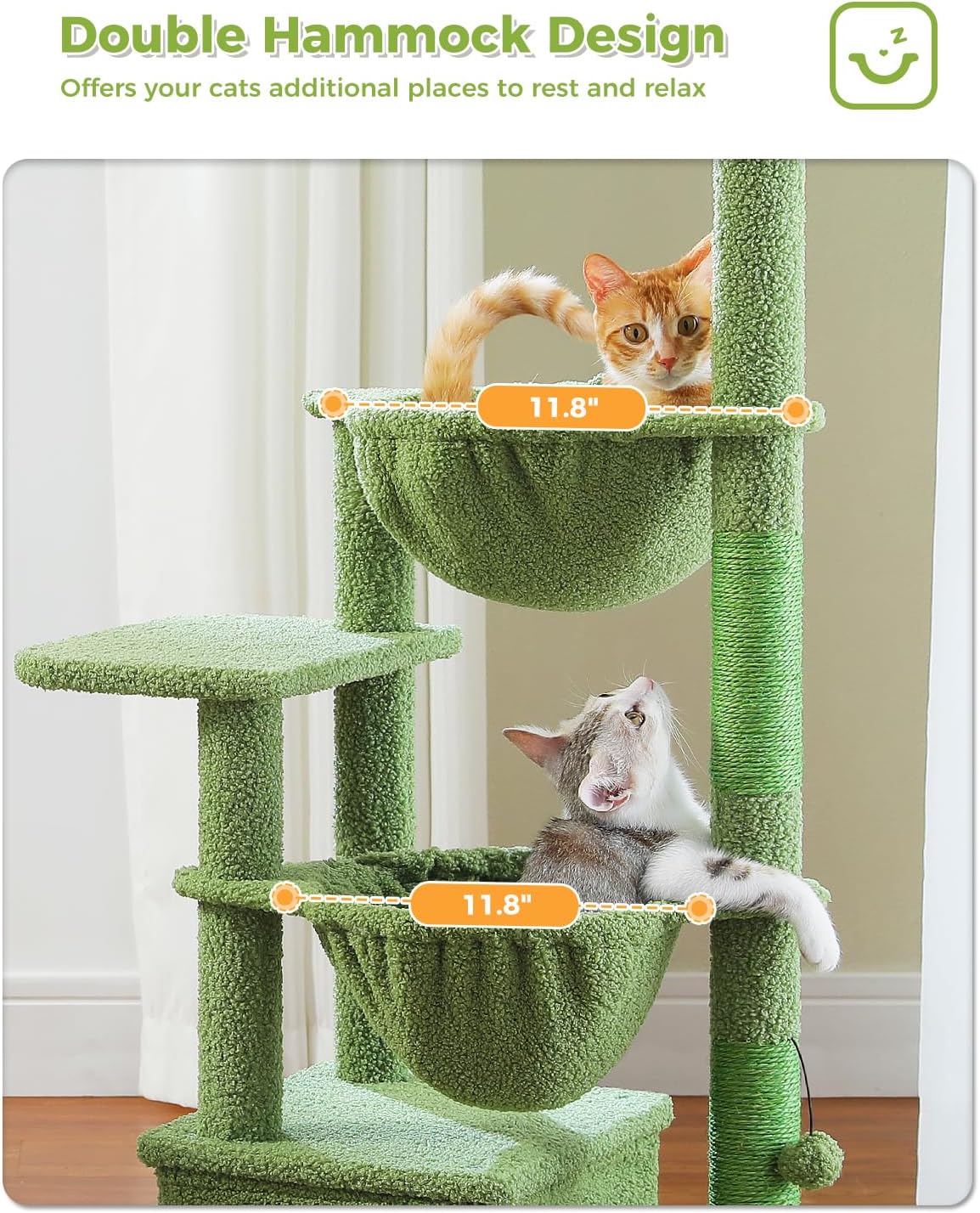 Cactus Cat Tree, 47.6" Cat Tower with 2 Metal Frame Hammock, Cat Scratching Post for Indoor Cats with 2 Removable Pompom Sticks for Kittens, Green