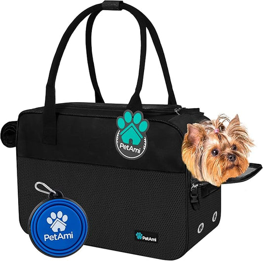 PetAmi Dog Purse Carrier for Small Dogs Cats, TSA Airline Approved Soft-Sided Pet Carrier with Pockets, Ventilated Travel Tote Bag with Bed & Shoulder Strap, Puppy Kitten, Max 12 lbs, Black