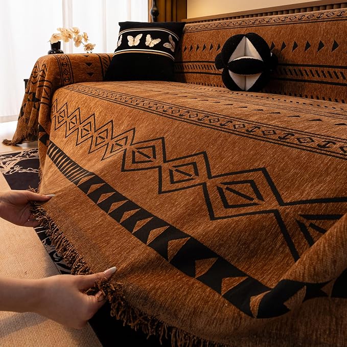 VClife Bohemian Couch Cover for Dog, Plush Thick Chenille Aztec Couch Cover for 3-4 Cushion Couch Sofa Pet Friendly Sofa Slipcover with Tassel 71"X150"