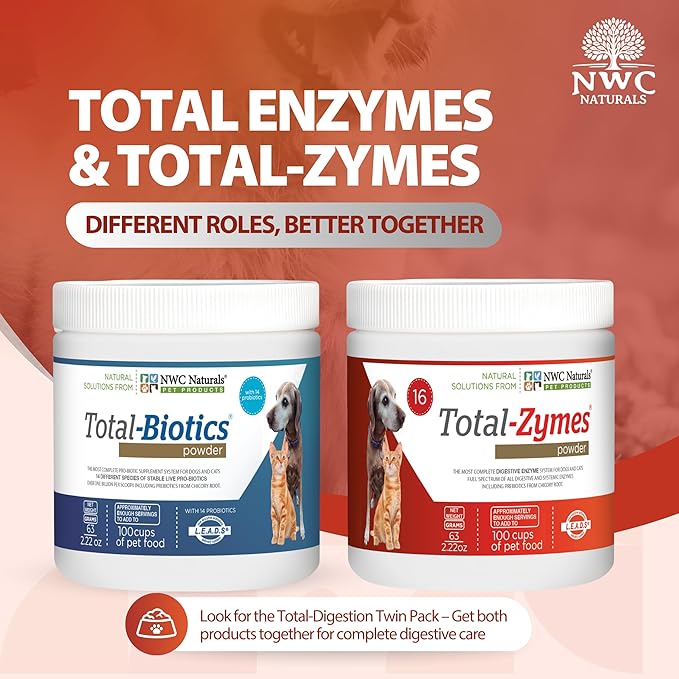 NWC Naturals Total-Zymes Digestive Enzymes for Cats and Dogs, Unflavored, Gut Health with Prebiotic to Support Food Digestion & Absorption, 100 Servings - 2.2 Ounces