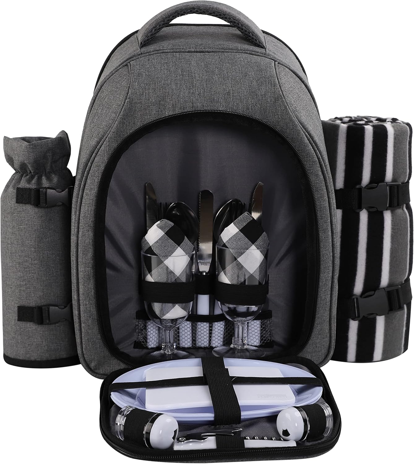 apollo walker Picnic Backpack Bag for 2 Person with Cooler Compartment, Detachable Bottle/Wine Holder, Fleece Blanket, Plates and Cutlery Set (2Person,Grey)