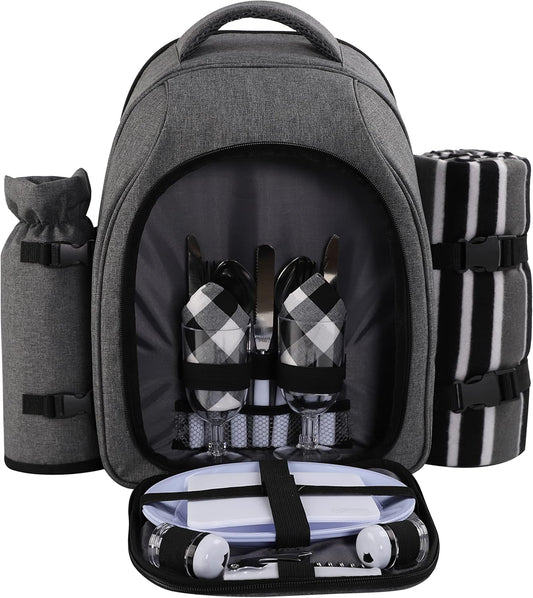 apollo walker Picnic Backpack Bag for 2 Person with Cooler Compartment, Detachable Bottle/Wine Holder, Fleece Blanket, Plates and Cutlery Set (2Person,Grey)