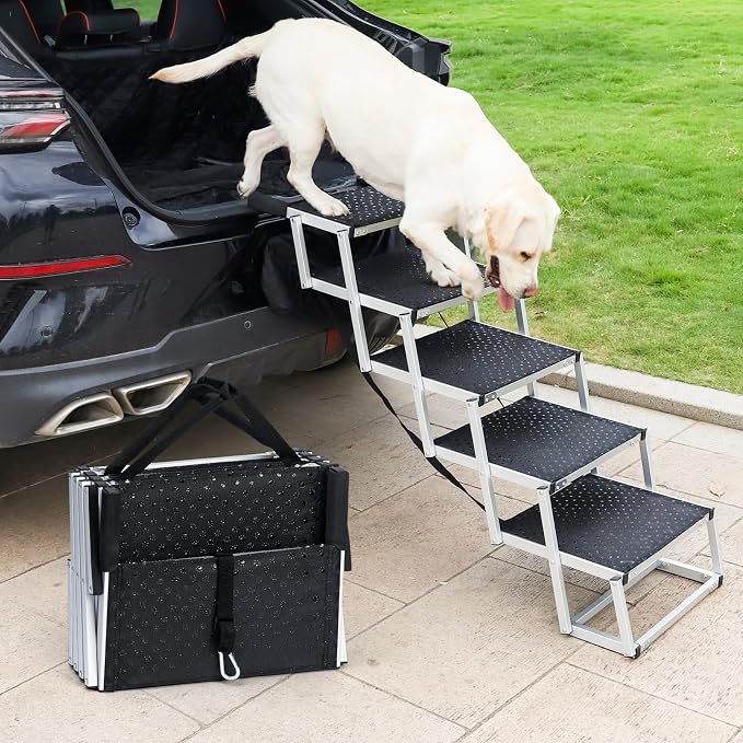 Uross Dog Stairs for Car 5 Steps - Collapsible Dog Steps Ramp for Car and SUV, Aluminum Pet Ramp Stairs for Large Dogs,Telescoping Ladder for Truck, High Bed
