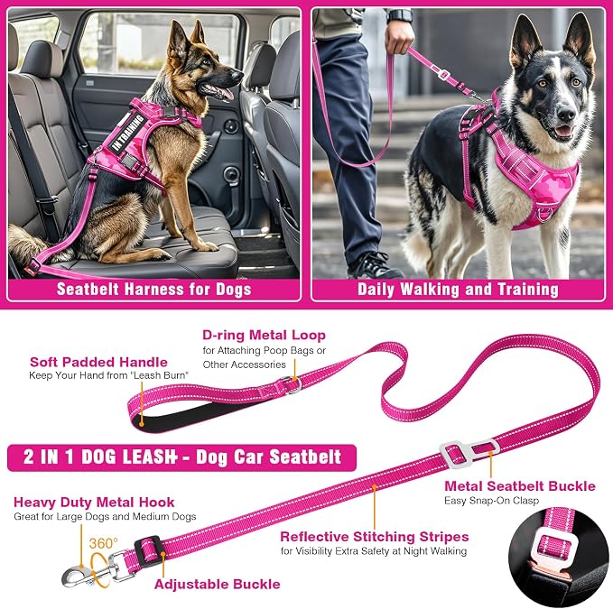 Tactical Dog Harness and Leash Set with 10 Patches for Large Dogs | Heavy Duty No Pull Service Dog Vest with Dog Seat Belt ,Adjustable Reflective Easy Walk for Training Hiking Camo Pink XL
