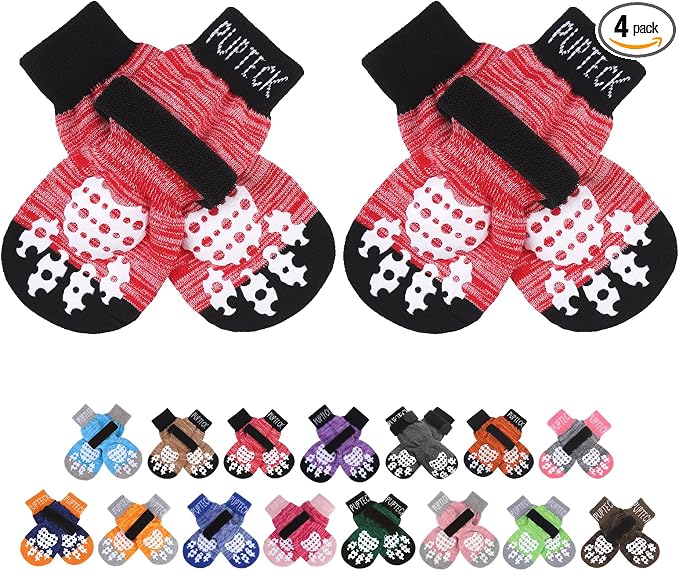 PUPTECK Anti-Slip Dog Socks with Double Sides Grips for Small Medium Large Dogs Hardwood Floors Prevents Licking, Dog Shoes for Hot Pavement Traction Control Paw Protector for Senior Dogs
